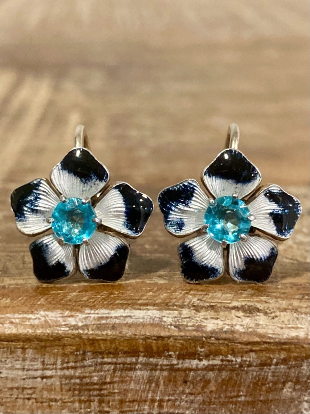 Vintage Sterling Silver Enamel Flower Earrings • Blue & White • Screw‑Back 5/8”
